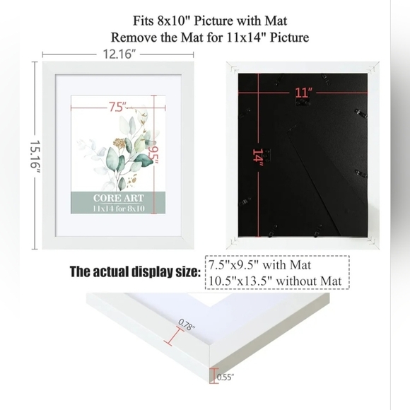 CORE ART 11x14 White Picture Frame 8x10 with Mat or 11x14 without - Picture 2 of 6